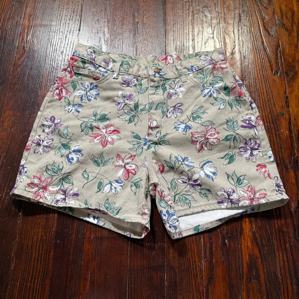 Vintage Lee Floral Denim Shorts Womens 18 Tan High Waisted 90s Made in USA
